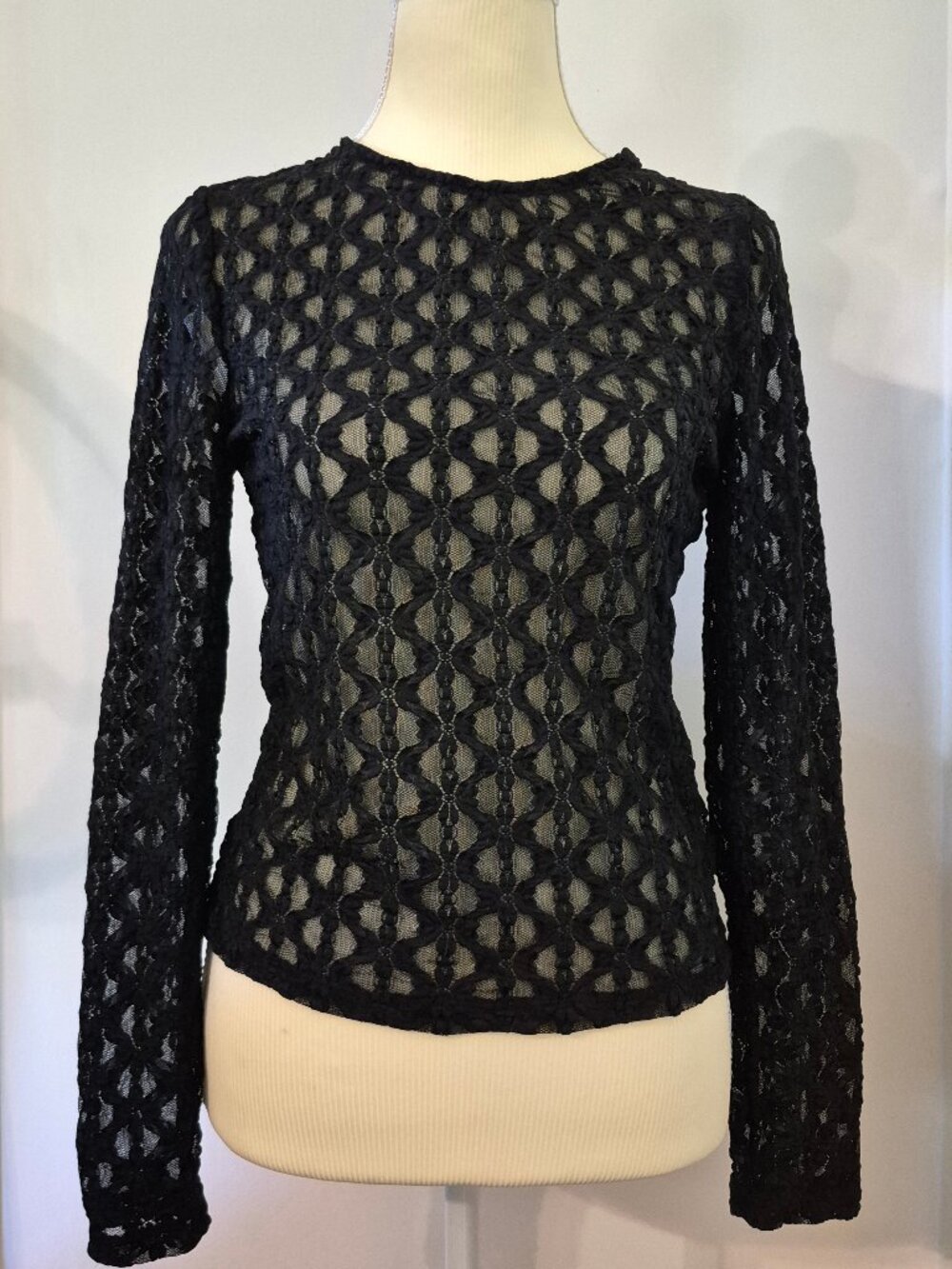 Women's S Black Lace Long Sleeve Top Sheer Mesh Geometric Open-Knit Whimsigoth